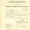 Registo de um veiculo de duas rodas tirado por dois animais de espécie bovina destinado a transporte de mercadorias em nome de Caetano Domingos, morador em Fontanelas.