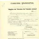 Registo de um veiculo de duas rodas tirado por dois animais de espécie bovina destinado a transporte de mercadorias em nome de Sociedade Civil Canas Cardim, sediada no Linhó.