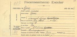 Recenseamento escolar de Nazaré Nunes, filha de Manuel Nunes, moradora em Almoçageme.