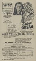 Programa do filme "As duas órfãs" com a participação dos atores Alda Valli e Maria Deni.