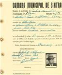 Registo de matricula de cocheiro amador em nome de António [...] de Oliveira Belo, morador em Abrunheira, com o nº de inscrição 864.