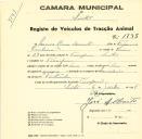 Registo de um veiculo de duas rodas tirado por dois animais de espécie asinina destinado a transporte de mercadorias em nome de Maria Rosa Duarte, moradora na Terrugem. 