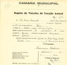 Registo de um veiculo de duas rodas tirado por dois animais de espécie bovina destinado a transporte de mercadorias em nome de Luís Soromenho, morador no Estoril.