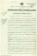 Certificado de casamento de Caetano Pereira e Maria Emília Martins dos Santos.