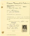 Registo de matricula de carroceiro em nome de Maria da Costa Pires, morador em Almoçageme, com o nº de inscrição 1600.