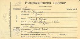 Recenseamento escolar de Gracinda Valente, filho de Ernesto Valente, moradora em Almoçageme.