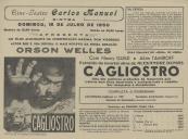 Programa do filme "Cagliostro" da obra de Alexandre Dumas com a participação de Orson Welles, Nancy Guild e Akim Tamiroff.