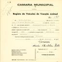 Registo de um veiculo de duas rodas tirado por dois animais de espécie muar destinado a transporte de mercadorias em nome de Valério José Dias, morador em Almoçageme.