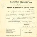 Registo de um veiculo de duas rodas tirado por dois animais de espécie bovina destinado a transporte de mercadorias em nome de Vicente Antunes Duarte, morador no Coutinho Afonso.