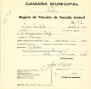 Registo de um veiculo de duas rodas tirado por um animal de espécie asinina destinado a transporte de mercadorias em nome de Jorge Campelo, morador em Albarraque.