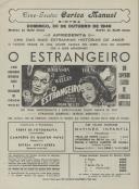 Programa do filme O Estrangeiro, realizado por Orson Welles com a participação de Edward G. Robinson, Loretta Young, e Orson Welles. 
