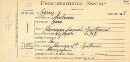 Recenseamento escolar de António Guilherme, filho de Domingos Manuel Guilherme, morador em Almoçageme.