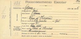Recenseamento escolar de José Oliveira, filha de Rosa de Oliveira, morador em Almoçageme.