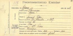 Recenseamento escolar de Domingos Pedro, filho de Manuel Pedro, morador em Vinagre.