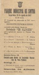 Programa da Sociedade Filarmónica "Os Aliados" apresentando o 5.º concerto da temporada de 1947 da banda "Os Aliados" no Parque Municipal de Sintra.