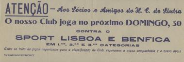 Programa a apelar aos sócios do Hóquei Clube de Sintra para irem ver o jogo contra o Sport  Lisboa de Benfica no dia 30 de outubro de 1949.