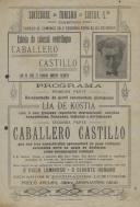 Programa de espetáculos com a participação do ventriloco Caballero Castillo e da cantora Lia de Kostia.