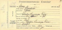 Recenseamento escolar de Claudino Freire, filho de Salvador Domingos Freire, morador no Mucifal.