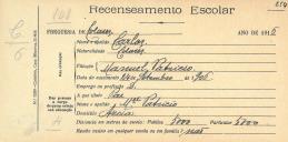 Recenseamento escolar de Carlos Patrício, filho de Manuel Patrício, morador na Azoia.