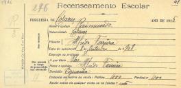 Recenseamento escolar de Raimundo Ferreira, filho de Alfredo Ferreira, moradora na Eugaria.