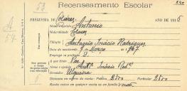 Recenseamento escolar de António Rodrigues, filho de António Inácio Rodrigues, morador na Ulgueira.