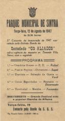 Programa da Sociedade Filarmónica "Os Aliados" apresentando o 3º concerto da temporada de 1947 da banda "Os Aliados" no Parque Municipal de Sintra.