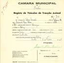Registo de um veiculo de duas rodas tirado por dois animais de espécie bovina destinado a transporte de mercadorias em nome de Joaquim Alves Simões, morador no Sabugo.