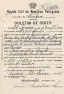Boletim de óbito de Irene dos Santos Duarte, morador no Pendão-Queluz, sepultado no coval nº 7449, do cemitério de S. Marçal.