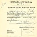 Registo de um veiculo de duas rodas tirado por dois animais de espécie bovina destinado a transporte de mercadorias em nome de António Antunes Simões, morador em Aruil de Baixo.