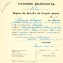 Registo de um veiculo de duas rodas tirado por dois animais de espécie muar destinado a transporte de mercadorias em nome de Ramiro Antunes, morador em Alveijar.