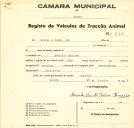 Registo de um veiculo de duas rodas tirado por um animal de espécie asinina destinado a transporte de mercadorias em nome de Cabral & Irmão, Ldª.,sediada no Mucifal.