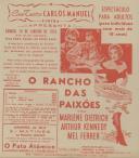 Programa do filme "O Rancho das Paixões" com a participação de Marlene Dietrich, Arthur Kennedy e Mel Ferrer. 