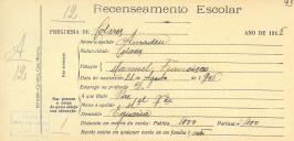 Recenseamento escolar de Amadeu Francisco, filho de Manuel Francisco, morador na Eugaria.