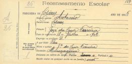 Recenseamento escolar de António Ferreira, filho de José da Cruz Ferreira, morador em Almoçageme.