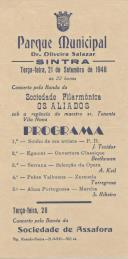 Programa da Sociedade Filarmónica "Os Aliados" apresentando um concerto da Banda "Os Aliados" no Parque Municipal de Sintra.