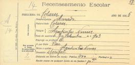 Recenseamento escolar de Amado Nunes, filho de Agostinho Nunes, morador no Mucifal.