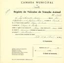 Registo de um veiculo de duas rodas tirado por um animal de espécie asinina destinado a transporte de mercadorias em nome de José Lavrador Júnior, morador na Várzea de Sintra.