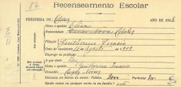 Recenseamento escolar de Eliza Inácio, filha de Guilherme Inácio, moradora nas Casas Novas.