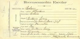 Recenseamento escolar de Albertina Luiz, filha de António Luiz, moradora na Eugaria.