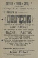 Programa do 2º concerto do Orfeon de Sintra sob a direção de Luiz Silveira com a participação da cantora Rachel Bastos e concerto pelo quinteto René Bohet.