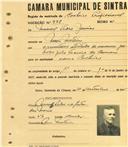 Registo de matricula de cocheiro profissional em nome de Manuel Pedro Júnior, morador em Mem Martins, com o nº de inscrição 998.