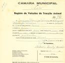 Registo de um veiculo de duas rodas tirado por um animal de espécie muar destinado a transporte de mercadorias em nome de Joaquim Domingos Parreiras, morador em Covas.