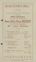 Programa de espetáculos com a participação do violinista Jean della Casa Noceti e a pianista M.elle Jane Valensi.