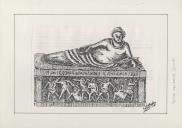 Desenho de José Alfredo da Costa Azevedo de um sarcófago - Etrusco de Monserrate.