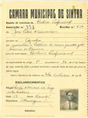 Registo de matricula de cocheiro profissional em nome de José Pedro de Oliveira, morador em Agualva, com o nº de inscrição 771.