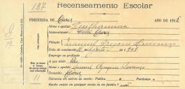 Recenseamento escolar de Guilhermina Lourenço, filha de Manuel Gregório Lourenço, moradora em Colares.