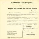 Registo de um veiculo de duas rodas tirado por dois animais de espécie bovina destinado a transporte de mercadorias em nome de Manuel Rodrigues Fontes, morador em Sintra.