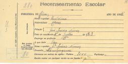 Recenseamento escolar de Umbelina Nunes, filha de José Inácio Nunes, moradora em Almoçageme.