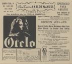 Programa do filme Otelo com a participação de Orson Welles, Suzanne Cloutier, Michael Macliammor, Robert Coote, Hilton Edwards, Fay Compton e Doris Dowling.