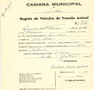 Registo de um veiculo de duas rodas tirado por um animal de espécie asinina destinado a transporte de mercadorias em nome de Casimiro António Feliciano, morador em Vila Verde.